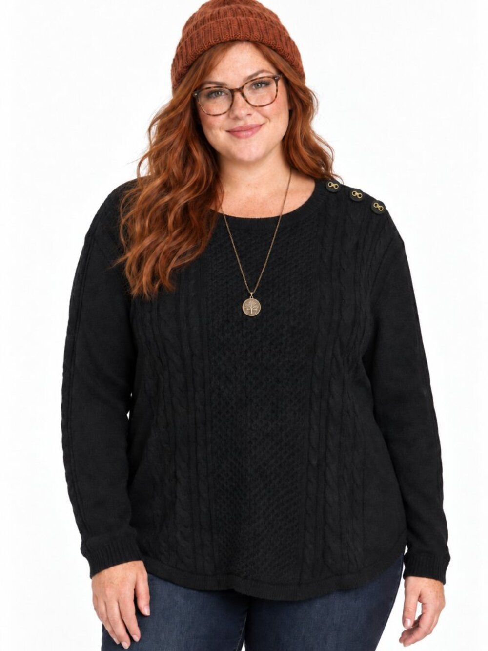 NWT Charter Club XL Black Cable Knit Long Sleeve Sweater Button Accents